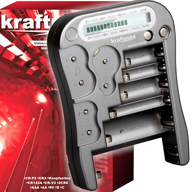 Testeur kraftmax Battery Tester V2 Professional tenant un bloc 9 V, écran allumé