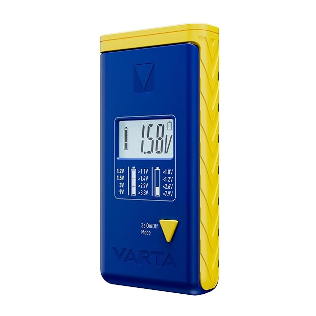 Testeur de piles LCD VARTA avec une pile LR6 dans son berceau, écran affichant l’état de charge