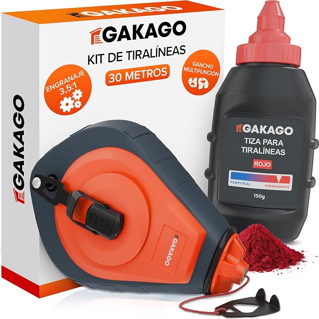 Dévidoir de cordeau Gakago avec son corps en aluminium et sa recharge de poudre rouge