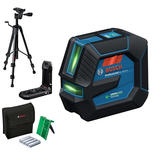 Laser de ligne vert Bosch Professional GLL 20-22 G en protection caoutchouc bleue, avec son support LB 10 et sa cible
