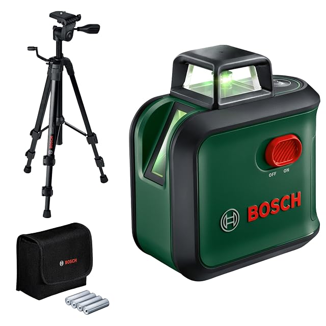Laser de ligne vert Bosch AdvancedLevel 360 sur son trépied fourni, projetant une ligne horizontale à 360 degrés