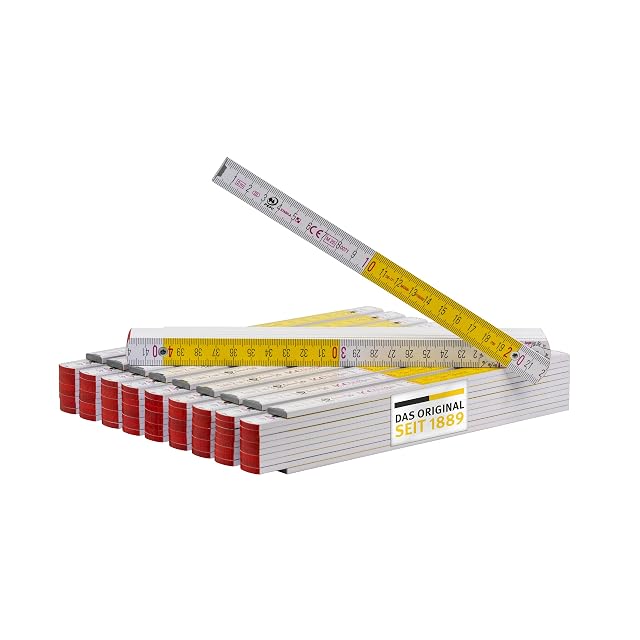 Mètre pliant Stabila type 717 blanc et jaune déplié, montrant son chant continu