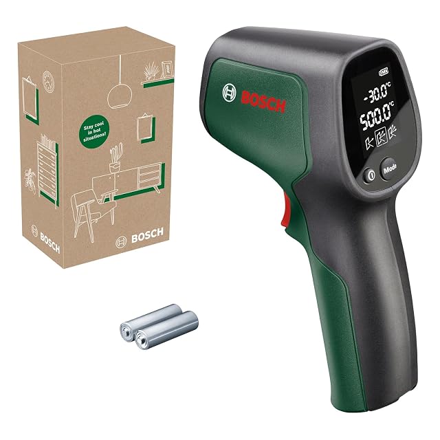 Thermomètre infrarouge Bosch UniversalTemp pointé sur un dormant de fenêtre