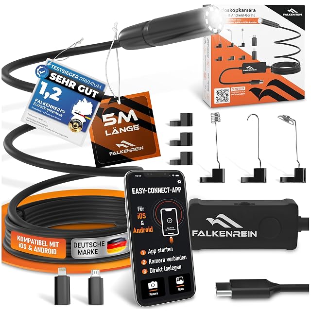 Kit caméra endoscope FALKENREIN avec son câble enroulé et ses adaptateurs pour téléphone