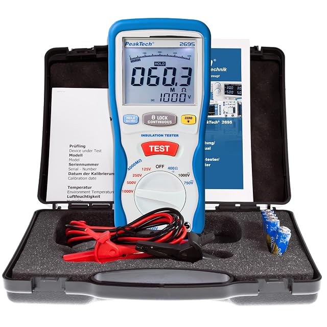 Contrôleur d’isolement PeakTech P 2695 avec son double écran LCD et ses cordons de mesure