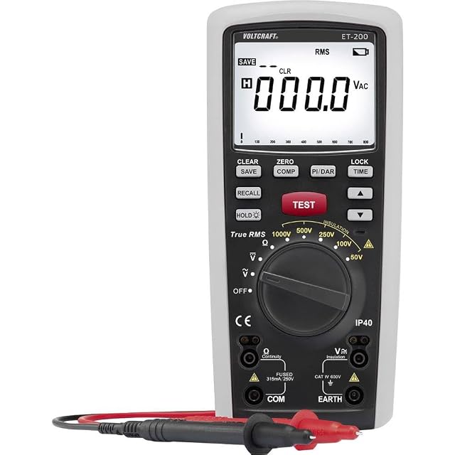 Contrôleur d’isolement Voltcraft ET-200 avec son sélecteur rotatif et son grand écran