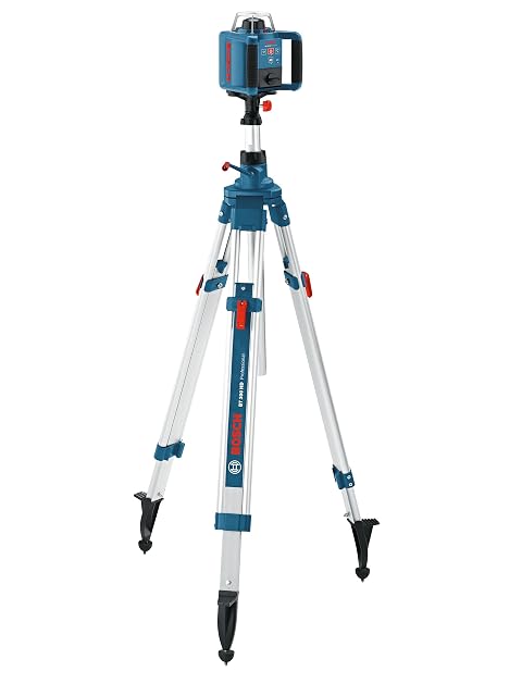 Trépied Bosch Professional BT 300 HD déployé à pleine hauteur avec un laser monté