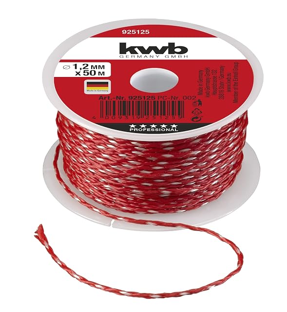 Cordeau de maçon kwb rouge tressé enroulé sur sa carte