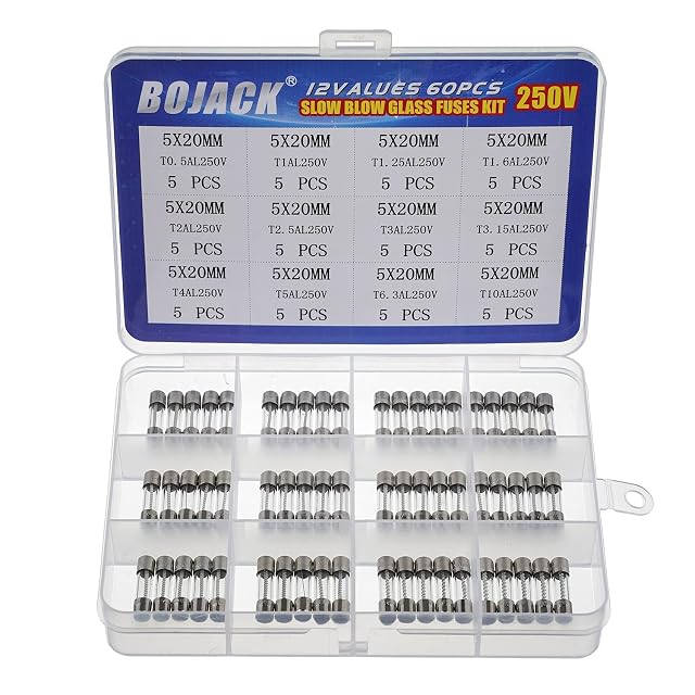 Boîte d’assortiment de fusibles verre BOJACK à douze compartiments, format 5 sur 20 millimètres