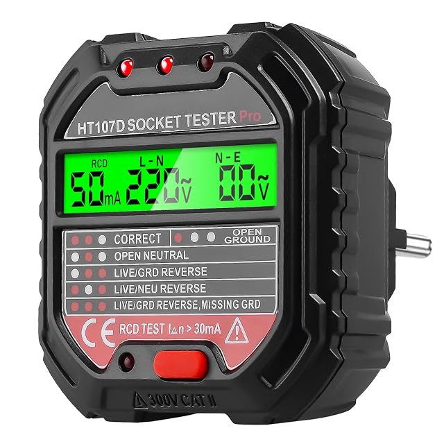 Testeur de prise GOMETY avec ses six indicateurs LED et son bouton d’essai de différentiel