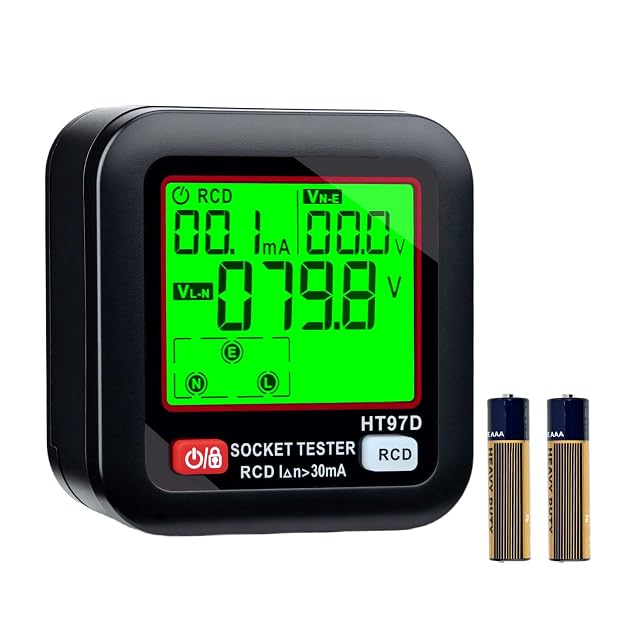 Testeur de prise Wigearss branché sur une prise murale, LCD affichant une tension