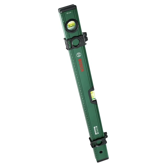 Niveau à bulle aluminium Bosch de 60 cm montrant ses fioles fluorescentes, sa graduation imprimée et ses deux curseurs