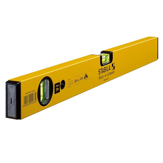 Niveau à bulle aluminium Stabila type 70 de 50 centimètres, corps jaune et fenêtres de fiole en acrylique