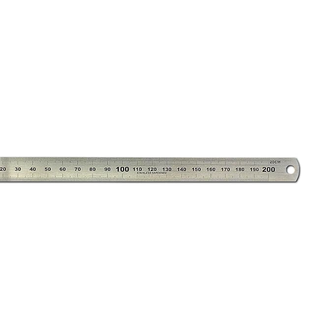 Réglet inox Hedue de 200 mm montrant ses graduations millimétriques gravées