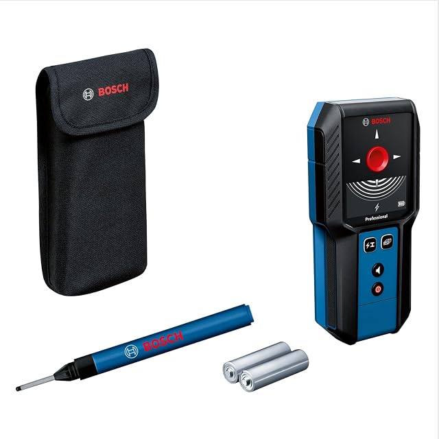Détecteur mural Bosch Professional GMS 120-27 avec son anneau LED allumé en rouge au-dessus d’un objet détecté