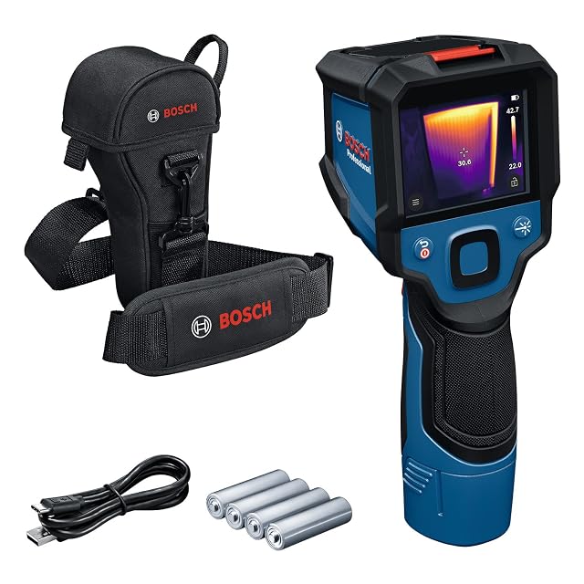 Caméra thermique Bosch Professional GTC 12V-450-13 bleue, affichant une image thermique
