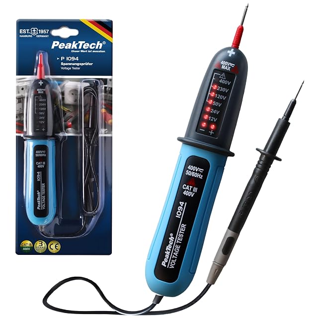 Testeur de tension bipolaire PeakTech P 1094 avec ses deux pointes de touche et son échelle à LED